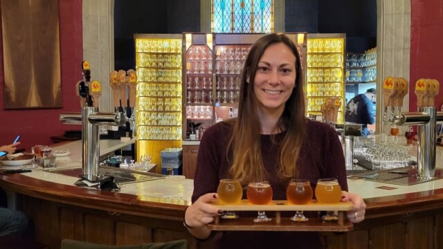 Melissa with a flight at Brewery Vivant Brewery Vivant