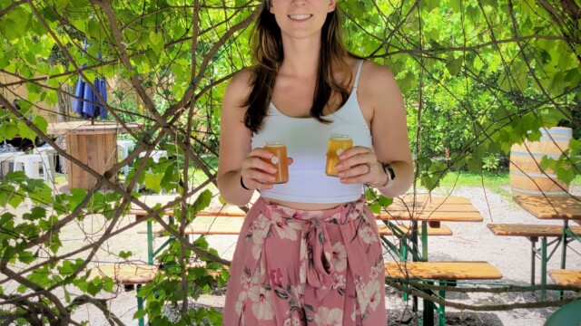 Melissa enjoying her flight at Parleaux Melissa at Parleaux Beer Lab